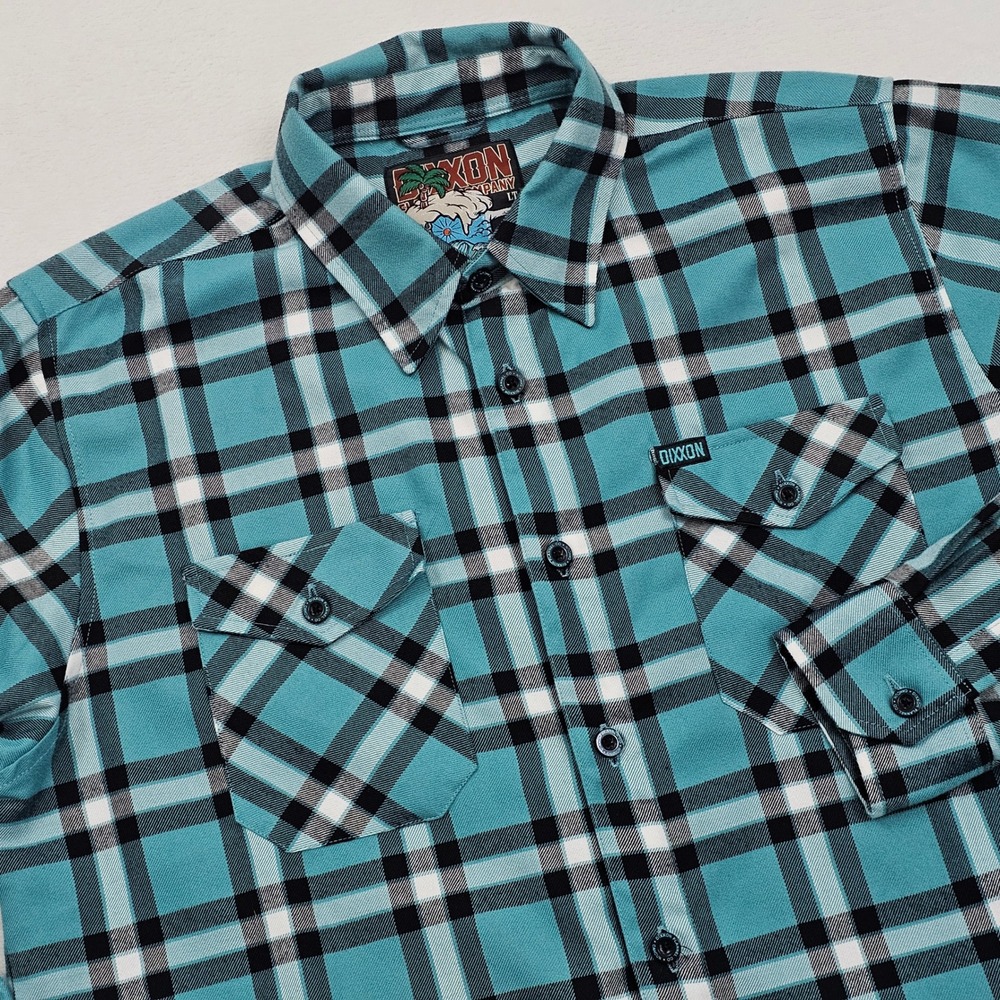 Dixxon Flannel Co The Cancun Shirt Mens LT Teal Black Plaid D-Tech Biker Moto